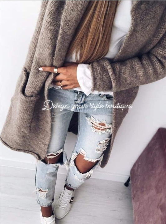 Ladies Longline Cardigan/ cappucino