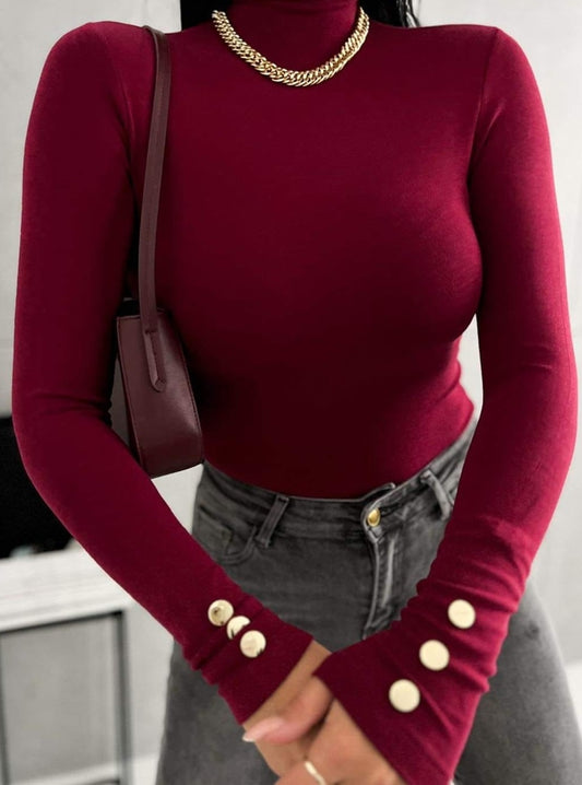 Burgundy Turtle Neck Top with Gold Buttons