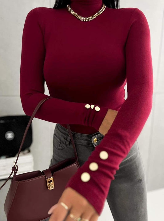 Burgundy Turtle Neck Top with Gold Buttons